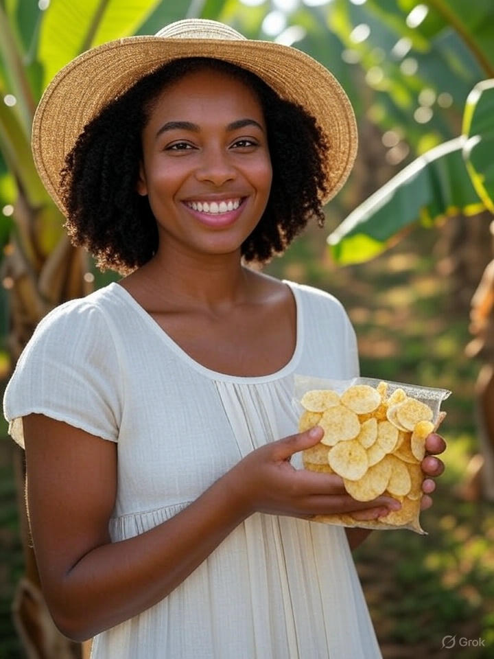 Woman holding banana chips - thanks to BIRDC Research Centre